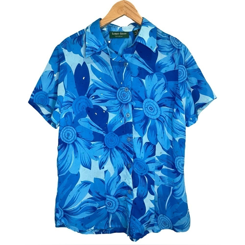 Lemon Grass Blue Floral Button Up Blouse